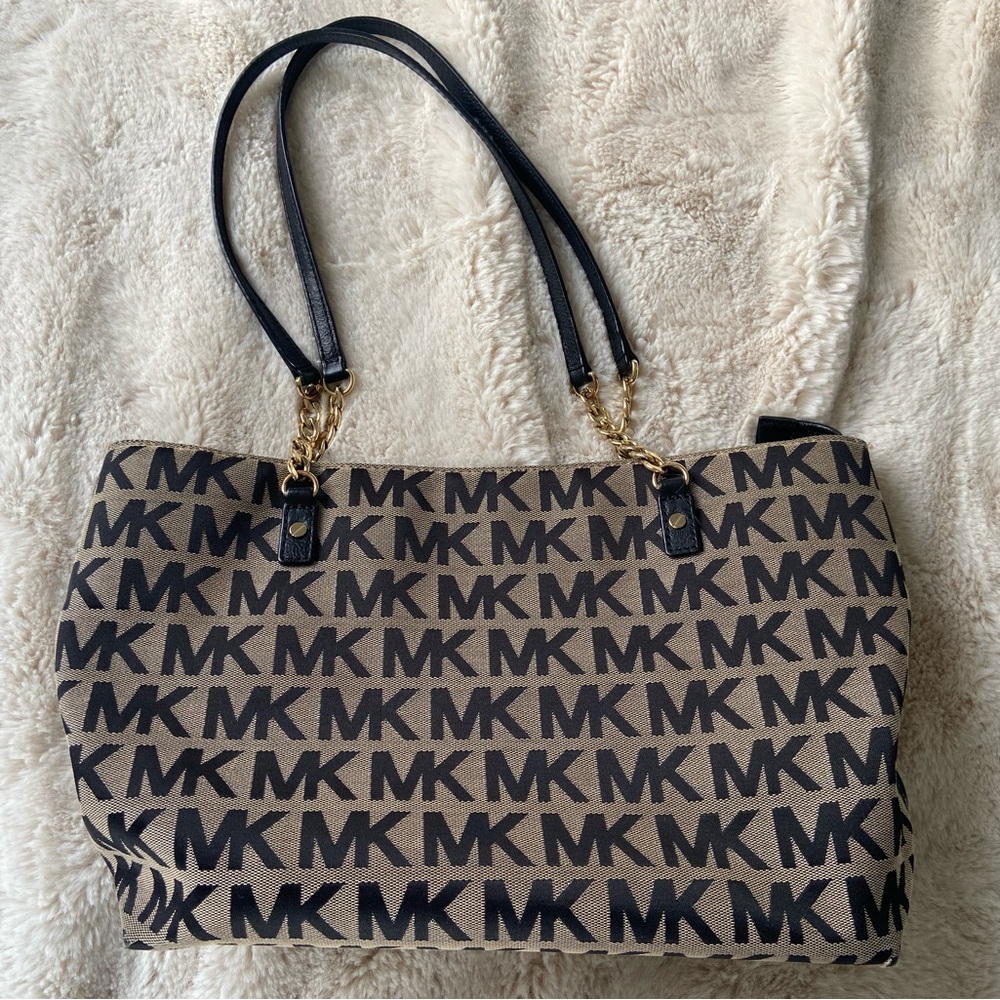 Michael Kors Black MK Logo Tote with Brown Canvas